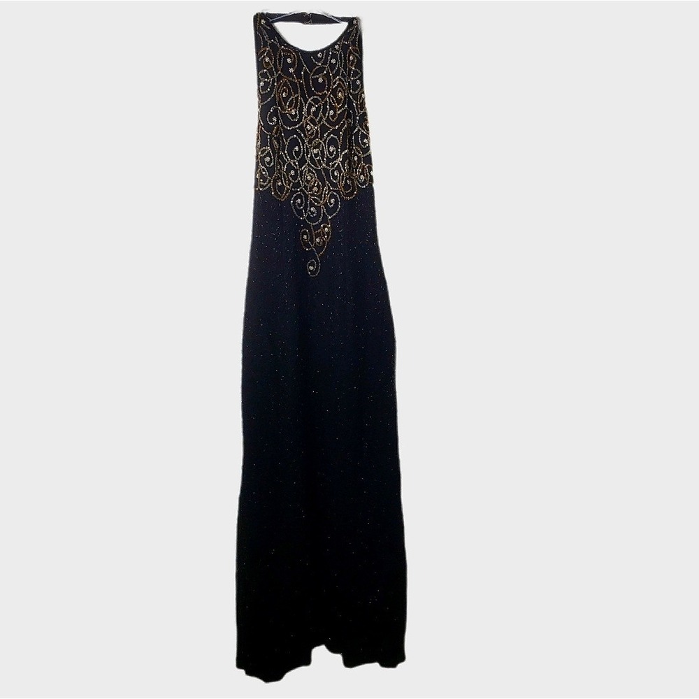 Laurence Kazar Black Beaded Silk Halter Dress Vintage 80s 90s Open Back Gown L